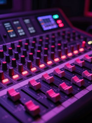Close-up of a modern digital audio mixing console with glowing fuchsia and violet faders in a dark professional studio, portrait aspect