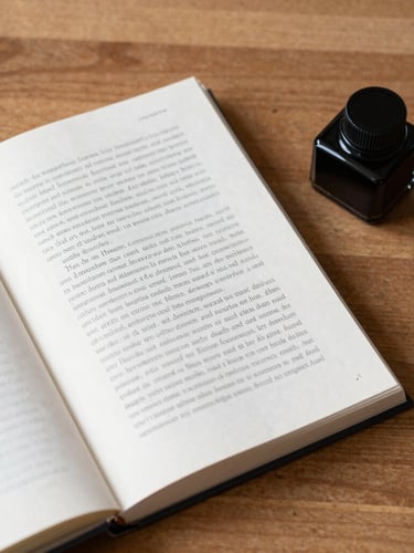 Minimalist overhead shot of a designer's desk, featuring an open typography specimen book and a single black ink well on a warm wooden surface.