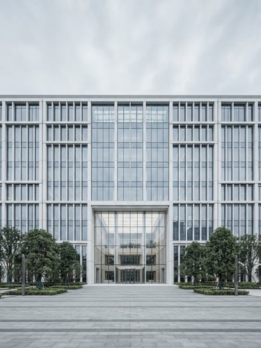 Wide panoramic shot of a modern, high-end corporate building facade, symmetrical composition, soft overcast daylight, desaturated cool tones, structural concrete and glass, no people or visible branding