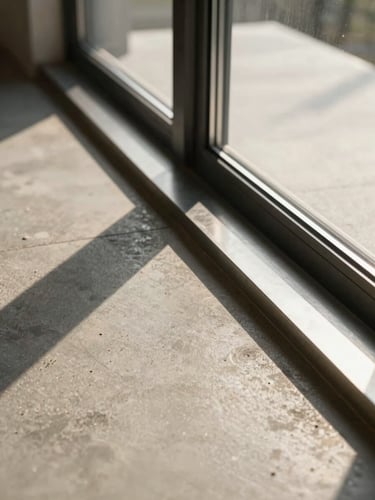 Close-up of a polished concrete floor meeting a steel threshold in a completed high-end interior, warm directional light from a floor-to-ceiling window revealing texture and grain, sharp geometric shadow cutting across the frame
