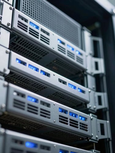 Extreme macro detail of clean server rack infrastructure, cool clinical daylight, sharp orthogonal angle, structural steel and blue status lights.