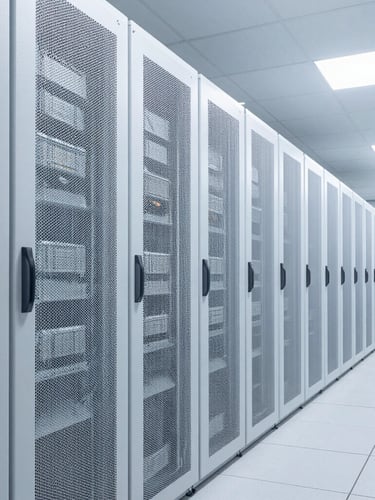 Orthogonal wide shot of a clinical, white server corridor, cool even daylight, structured metallic cable trays, architectural perspective.