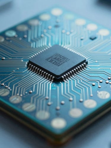 Extreme close-up macro photograph of a silicon wafer microchip under clinical blue-tinted daylight, precise geometric circuit pathways, high-altitude orthogonal angle.