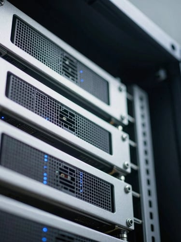 Extreme macro detail of server rack infrastructure, cool clinical daylight, orthogonal architectural angle, clean physical metal frames with subtle blue indicator lights.