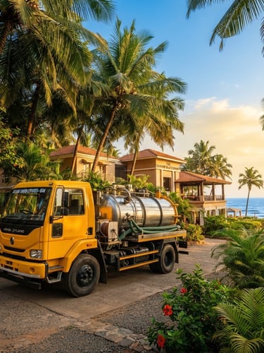 Low-angle cinematic shot of a clean, modern yellow vacuum tanker truck parked discreetly near a luxury beachfront resort in Goa, framed by lush green coconut palms and a vibrant blue sky, warm golden-hour tropical sunlight.