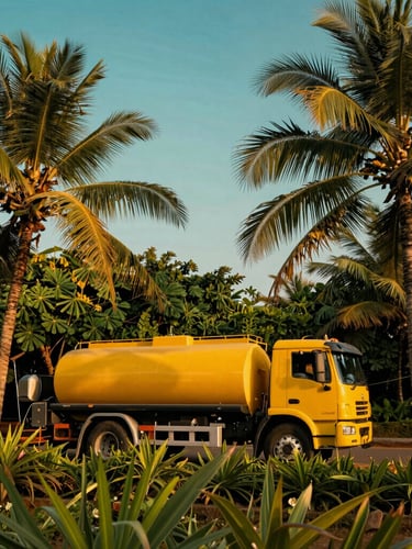 Cinematic low-angle shot of a premium yellow vacuum tanker parked discreetly behind lush green palms and tropical foliage near a luxury Goan resort, warm golden hour sunlight, rich teal sky