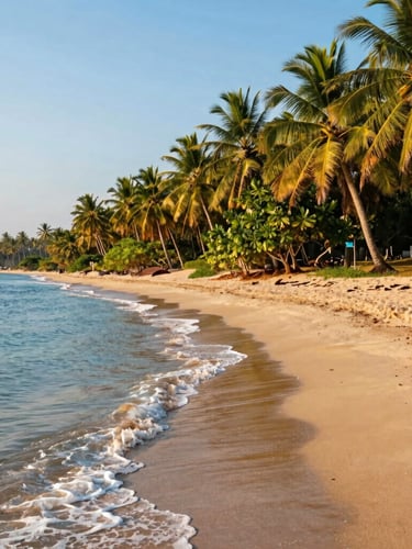 Wide environmental shot of a beautiful pristine Goan beach at golden hour, crystal-clear blue water gently lapping the shore, lined with lush green coconut trees, warm tropical sunshine.