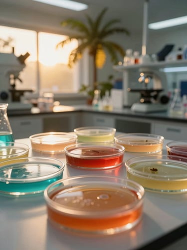 Macro shot of eco-friendly biological cultures in a modern laboratory, warm golden tropical backlighting, clean medical-grade presentation