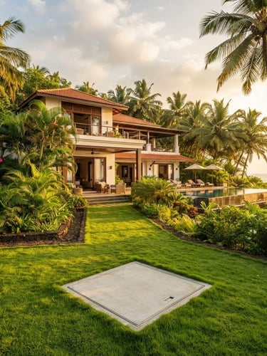 A beautiful luxury resort villa in Goa, framed by lush tropical coconut palms and green foliage, bright golden hour sunlight, with a clean concrete sub-surface access plate integrated seamlessly into the manicured lawn.