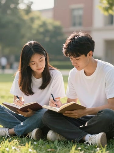 Medium shot of two students sitting on a sunny campus lawn, one writing in a journal, soft morning light, shallow depth of field, warm and natural feel.