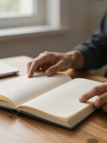A close-up photograph of hands holding an open paper journal on a wooden desk, soft morning light filtering through a window, shallow depth of field.