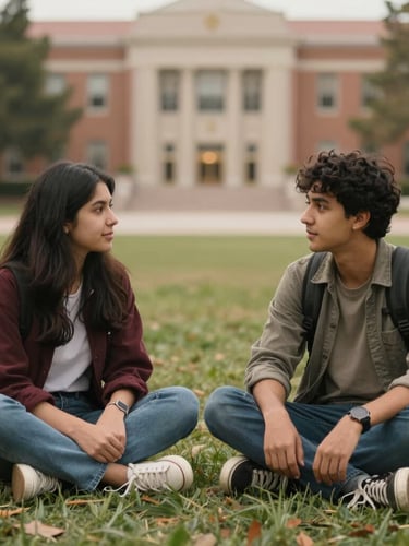 A medium shot of two student advocates sitting on a campus lawn, talking naturally, soft diffused afternoon light, warm earth tones, authentic and unposed.