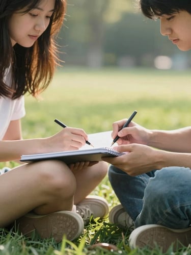 A close-up of two students sitting cross-legged on a campus lawn, sharing a notebook, soft natural morning light, shallow depth of field, warm and compassionate atmosphere.