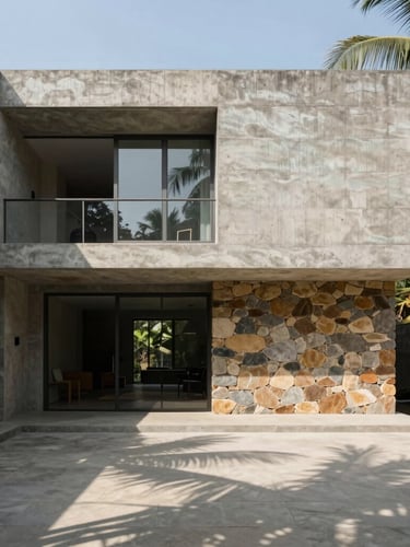 Wide-angle architectural elevation of a monolithic concrete and local basalt villa in Alibaug, harsh tropical sunlight casting deep geometric shadows across a minimalist courtyard, 35mm lens.