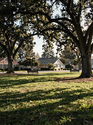 Wide environmental shot of a Sacramento neighborhood park in morning daylight, mature oak trees casting dappled shade across a grass lawn, a few empty park benches in the middle distance, residential rooflines visible behind the treeline, no people, natural balanced light