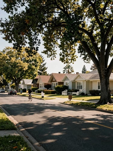 Environmental shot looking down a quiet East Sacramento side street on a clear afternoon, dappled light through large street trees, a cyclist passing a row of well-kept midcentury homes, warm natural daylight, no people posed for camera