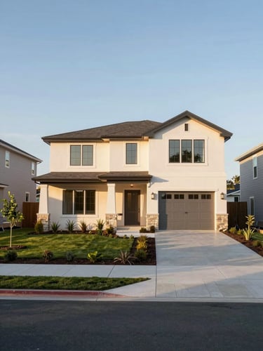 Wide exterior of a new-construction builder model home in a NorCal suburb, late-afternoon daylight, freshly landscaped front yard, clean contemporary facade with warm stucco finish, street-level framing from slightly left of center, neighboring homes partially visible to show community scale, no people