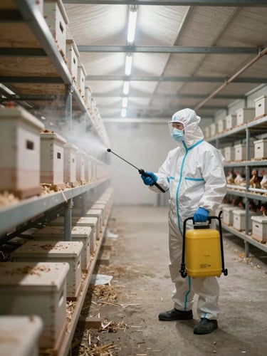 Medium environmental shot inside a layer poultry house: a technician in protective gear operating a sanitation sprayer along a row of nesting boxes, natural overcast daylight filtering through ventilation panels on the far wall, mist visible in mid-air, concrete floor and metal infrastructure in background