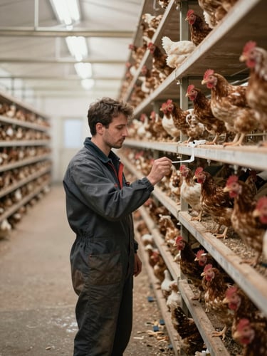 Close environmental shot inside a layer poultry house, technician in field gear taking a swab sample from a waterer nipple at mid-frame left, rows of caged layers visible in soft natural sidelight in the background, muted overcast daylight through ventilation panels