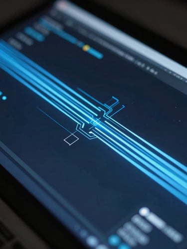 Sleek dark-mode technology photography, extreme close-up of a high-fidelity software interface on a dark-mode display, glowing electric blue data streams, moody low-key neon lighting, sharp focus, high-contrast cinematic, 35mm
