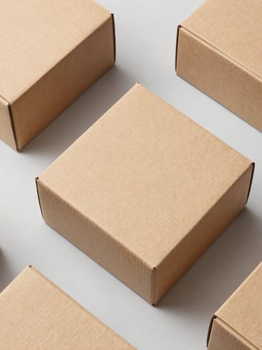 Overhead flat-lay of clean unfolded cardboard boxes, sharp structural folds, bright high-key studio lighting, raw kraft brown tones, 35mm