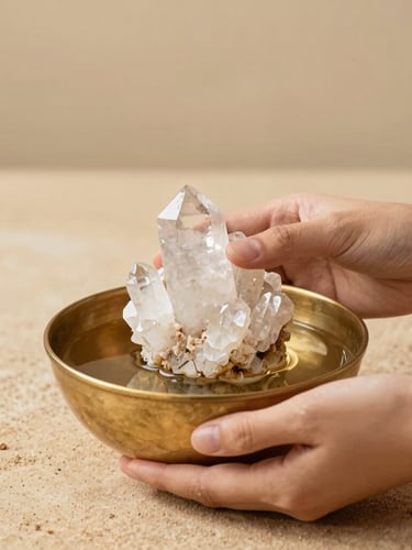 Hands holding a brass bowl with clear quartz crystals in water for cleansing and meditation.