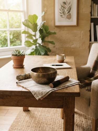 A brass singing bowl and meditation tools on a rustic wooden desk in a bright, cozy home office.