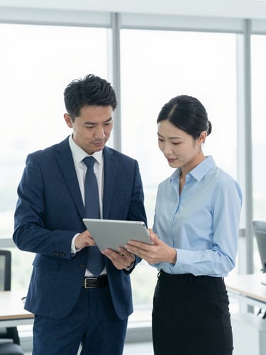 Medium shot of two professionals in a clean corporate office discussing work on a tablet, bright natural window light, professional editorial style