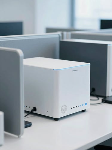 Close-up of modern business hardware on a clean white desk, soft blue ambient light, organized corporate environment