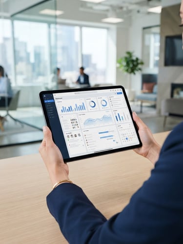 Clean software interface mockup on a tablet, modern bright office background, cool blue tones, professional editorial style