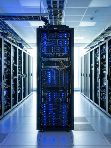 Clean modern server room rack with cool blue led lights, professional enterprise data center, sharp focus, wide perspective, high-trust corporate tech aesthetic