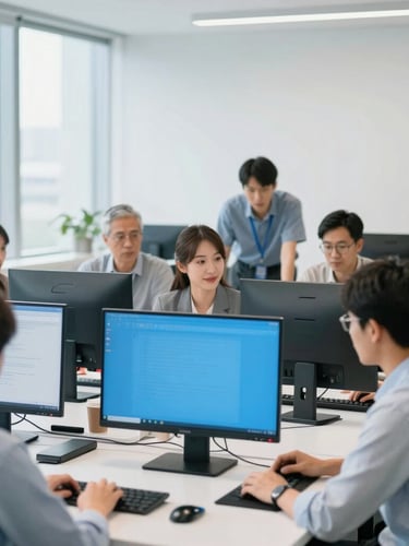 A professional team collaborating naturally around screens in a clean modern workspace, bright daylight, cool slate blue accents