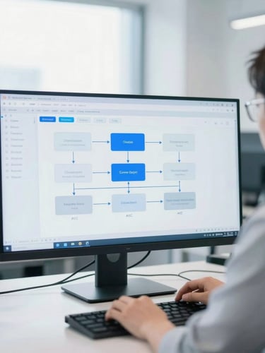 Professional IT engineer analyzing system architecture on a clean modern screen in a bright daylight office, cool blue tones, professional editorial style
