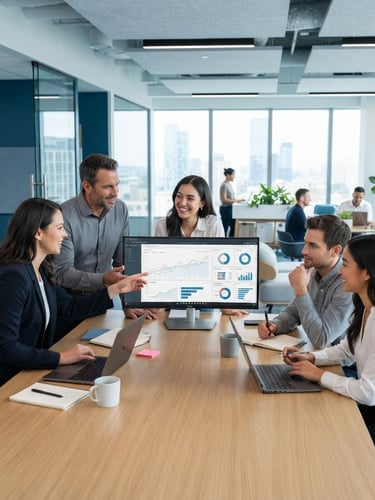 A clean modern office workspace with a professional team collaborating around screens, bright natural daylight, cool blue and white tones, sharp focus, professional editorial style