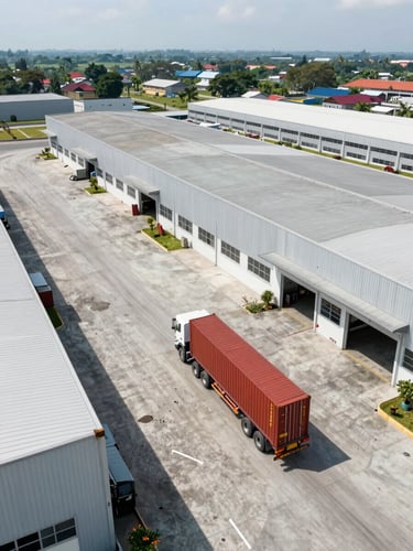 Wide-angle drone perspective of a modern industrial warehouse complex in Manado, clean concrete yard, container truck maneuvering, bright daylight.