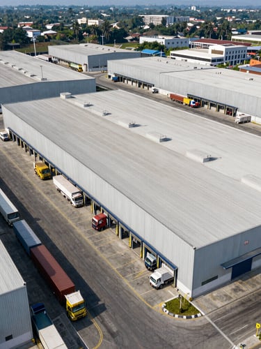 Wide-angle drone shot of a modern industrial warehouse complex in Manado with clean asphalt, active loading docks, and large cargo trucks under bright daylight.