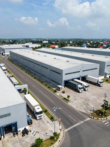 Wide-angle drone shot of a modern industrial warehouse complex in Manado, clean asphalt roads, large trucks parked at loading bays, bright midday sun.