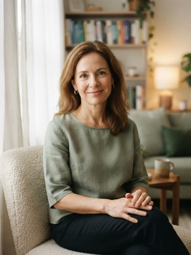 A warm, quiet portrait of a professional female therapist sitting in a softly lit room with diffused morning light, wearing a simple sage green top, looking calmly towards the camera, shallow depth of field, minimalist editorial style