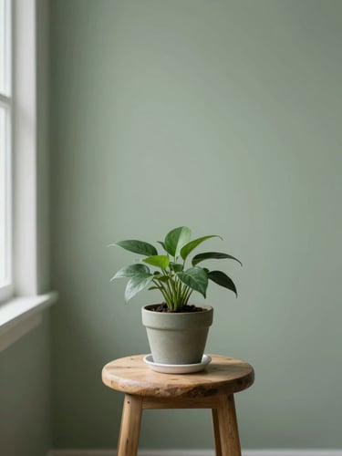 A quiet indoor green space with a single potted plant on a wooden stool, soft diffused window light, minimalist editorial