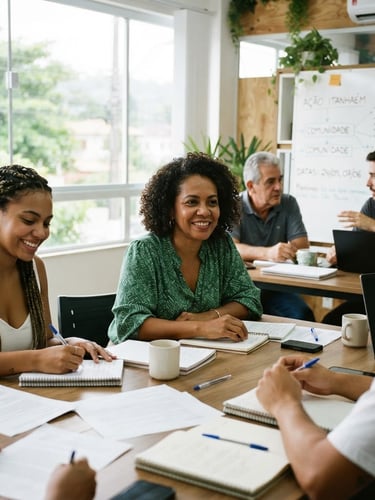 Candid editorial portrait of diverse local citizens sitting in a bright, modern classroom workshop in Itanhaém, natural daylight, notebooks and planning boards visible, focus on engaged expressions