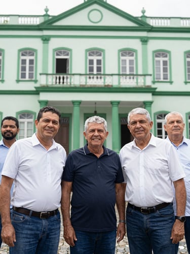 A portrait of local community leaders standing together outside a historic municipal building in Itanhaém, bright daylight, authentic smiles, professional and credible look.