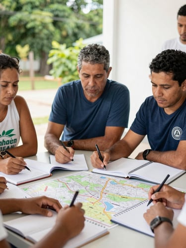 An authentic medium shot of diverse local citizens collaborating around a table with notebooks and maps of Itanhaém, bright natural daylight, candid expressions, 35mm lens.