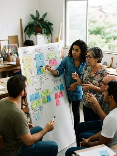 A candid medium shot of young and adult citizens collaborating in a bright workshop room in Itanhaém, natural light, focused on a planning board with sticky notes, deep green accents, authentic editorial photography.