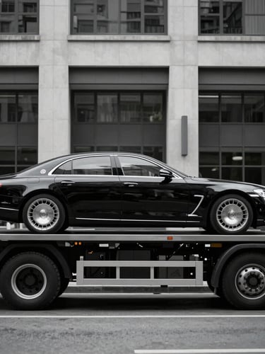 Portrait shot of a sleek black flatbed truck delivering a high-end luxury sedan, urban architectural background, sharp overcast daylight, cool desaturated tones.