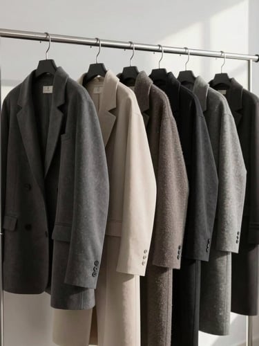 A row of contemporary womenswear hanging samples on a minimalist steel rack in a sunlit studio, showcasing clean lines and soft charcoal tones