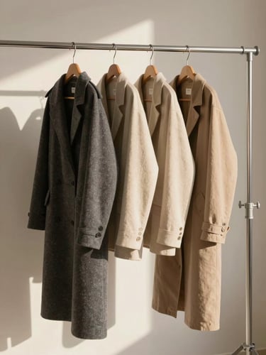 Hanging sample garments in soft charcoal and warm oat tones on a minimalist steel studio rack, warm diffused morning light, clean background.