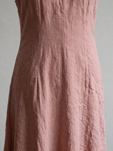 Close-up of a draped dusty rose linen dress on a minimalist mannequin, soft side lighting highlighting fabric texture