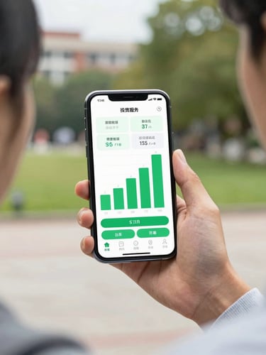 Over-the-shoulder shot of a university student holding a smartphone showing a high-fidelity gamified micro-investment app interface with bold green charts, natural campus daylight.