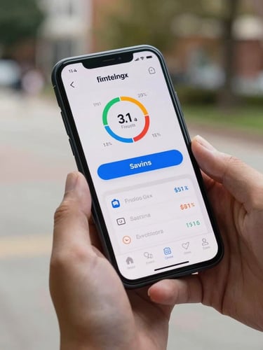Close-up of hands holding a smartphone displaying a high-fidelity fintech UI with gamified savings metrics, natural campus lighting, sharp focus on the screen details.
