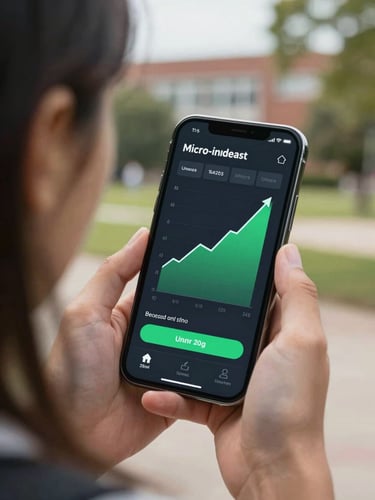 A close-up over-the-shoulder shot of a university student using a clean, dark-themed micro-investment mobile application showing upward-trending green charts, natural campus daylight background, high-fidelity UI
